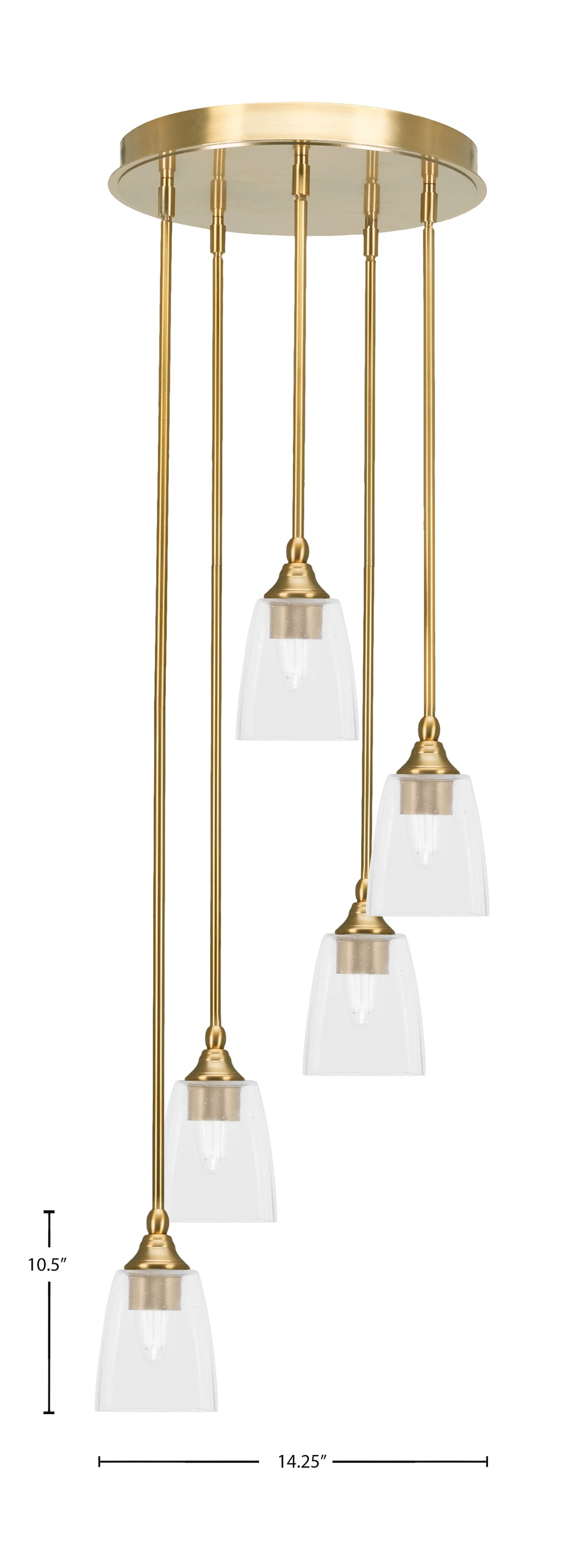 Empire Five Light Pendalier in New Age Brass with 4.5" Square Clear Bubble Shade