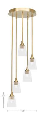 Empire Five Light Pendalier in New Age Brass with 4.5" Square Clear Bubble Shade