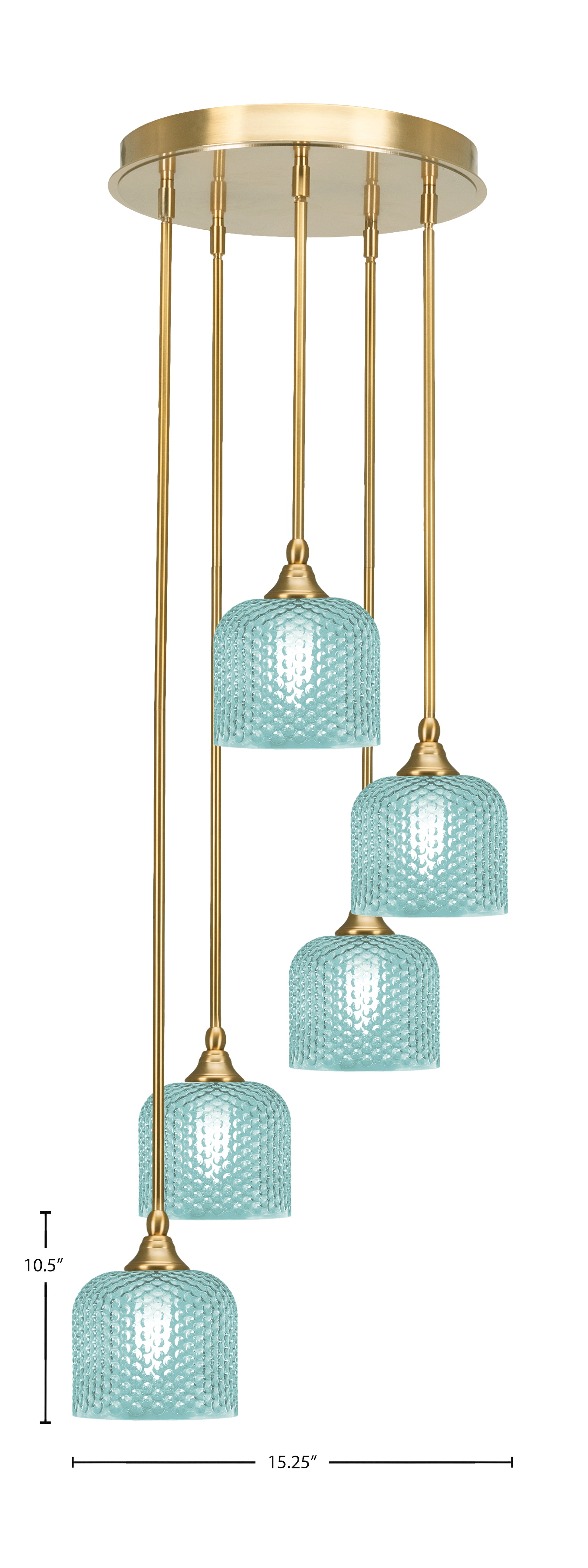 Empire Five Light Pendalier in New Age Brass with Turquoise Textured Shade