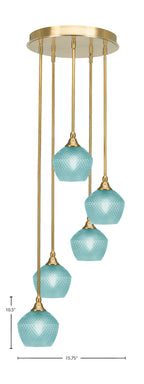 Empire Five Light Pendalier in New Age Brass with Turquoise Textured Shade