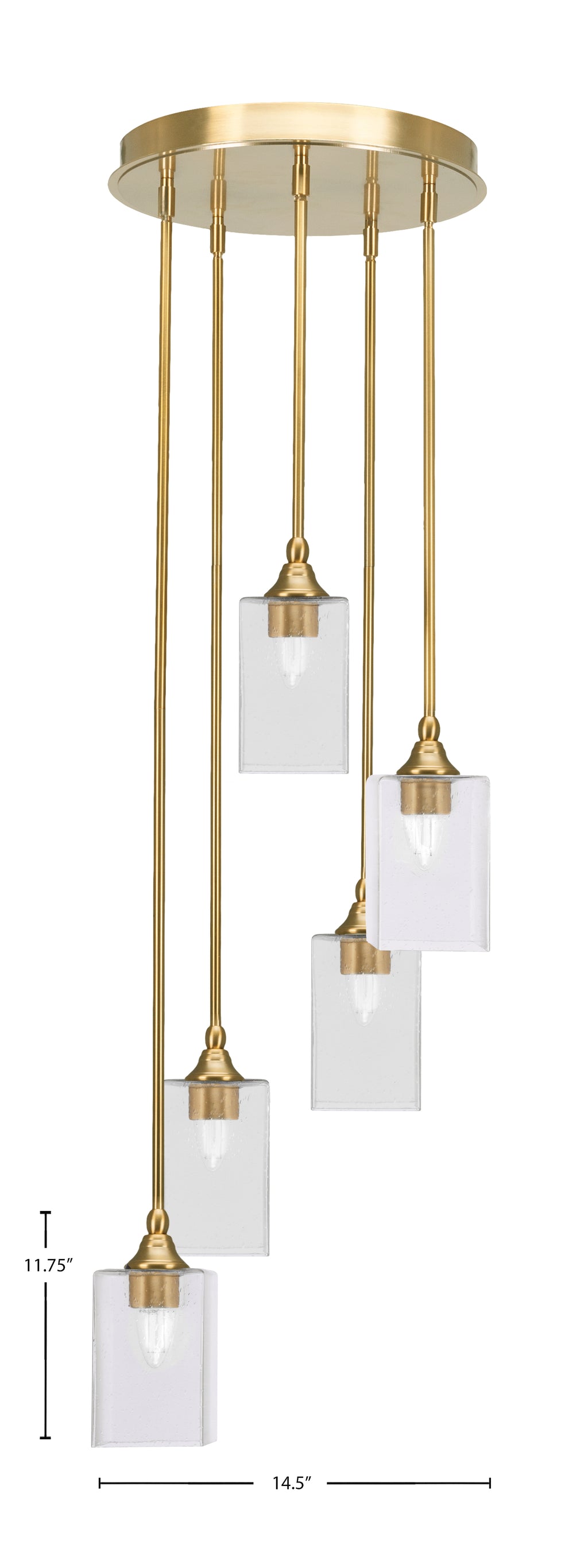 Empire Five Light Pendalier in New Age Brass with 4" Square Clear Bubble Shade