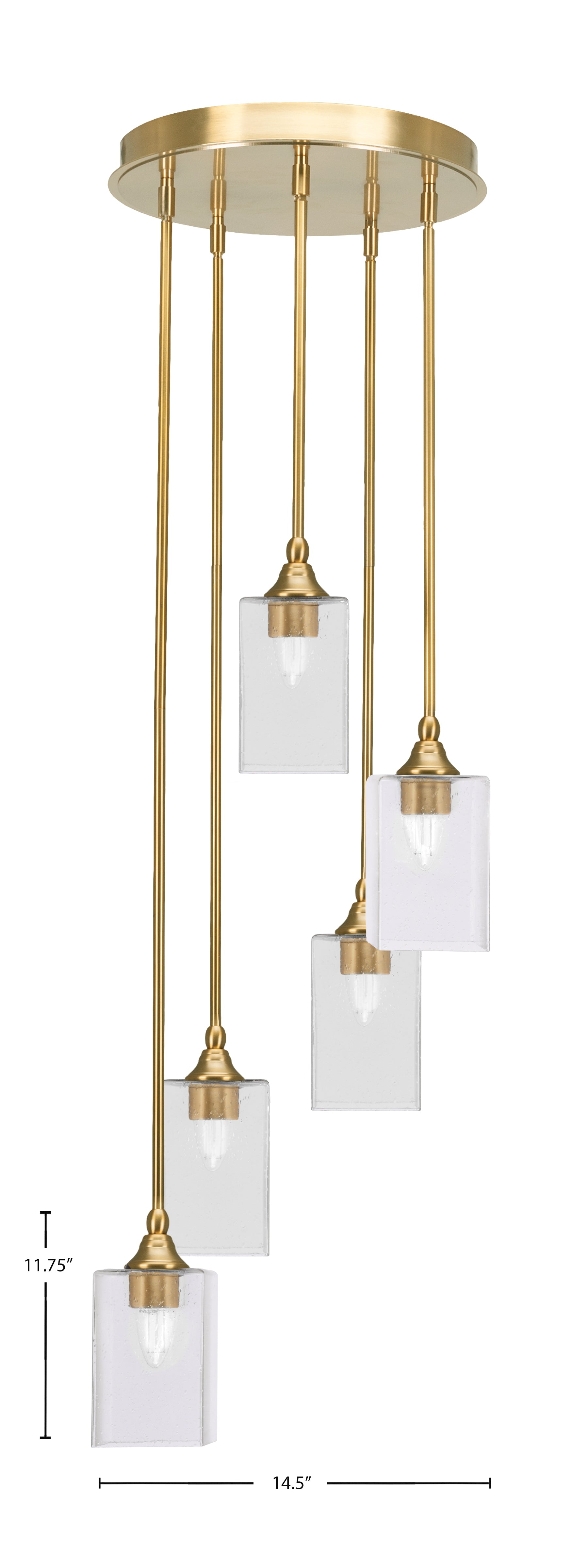 Empire Five Light Pendalier in New Age Brass with 4" Square Clear Bubble Shade