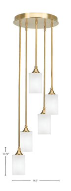 Empire Five Light Pendalier in New Age Brass with 4" Square White Muslin Shade