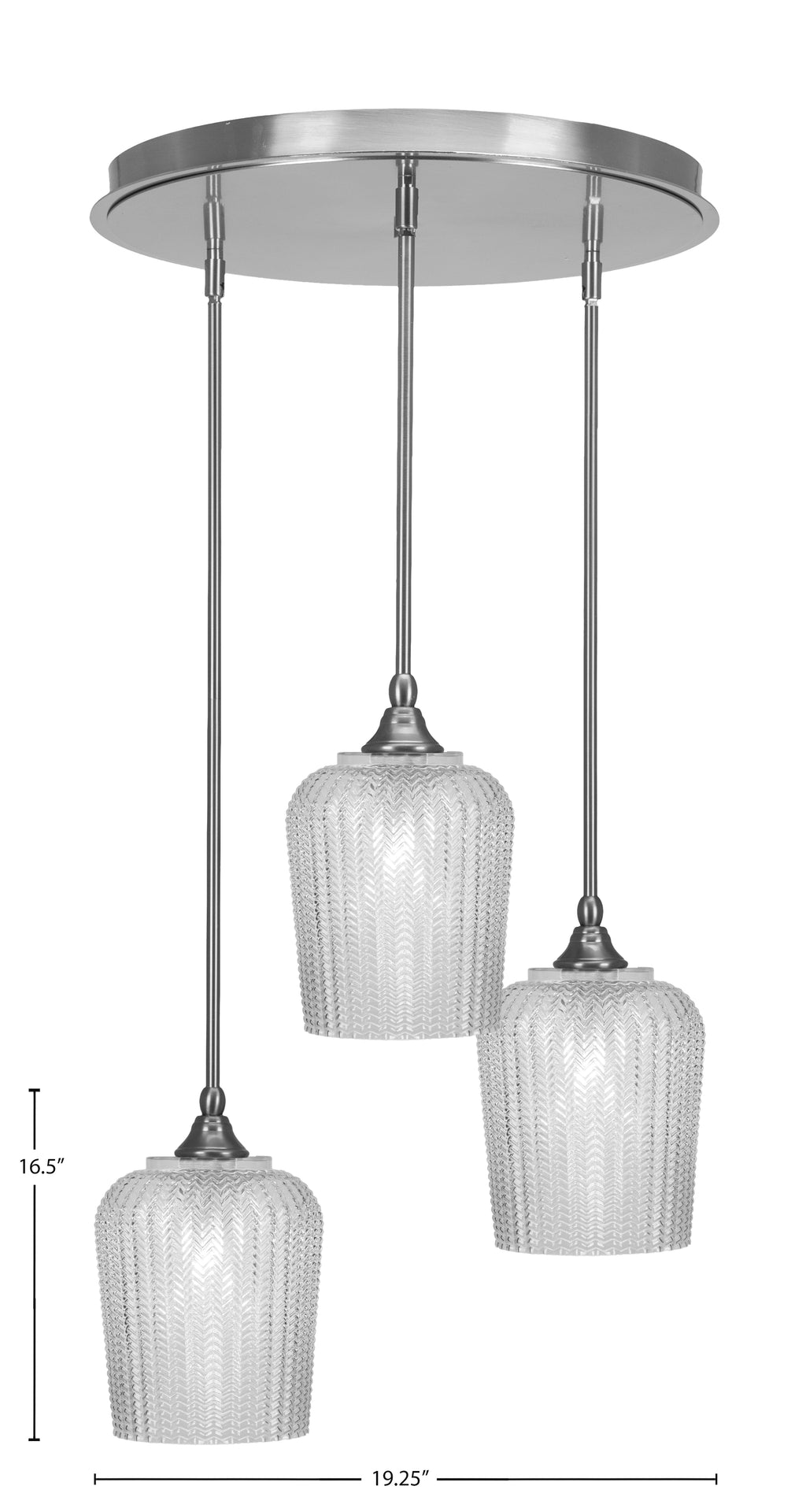Empire Three Light Pendalier in Brushed Nickel with 9" Clear Textured Shade