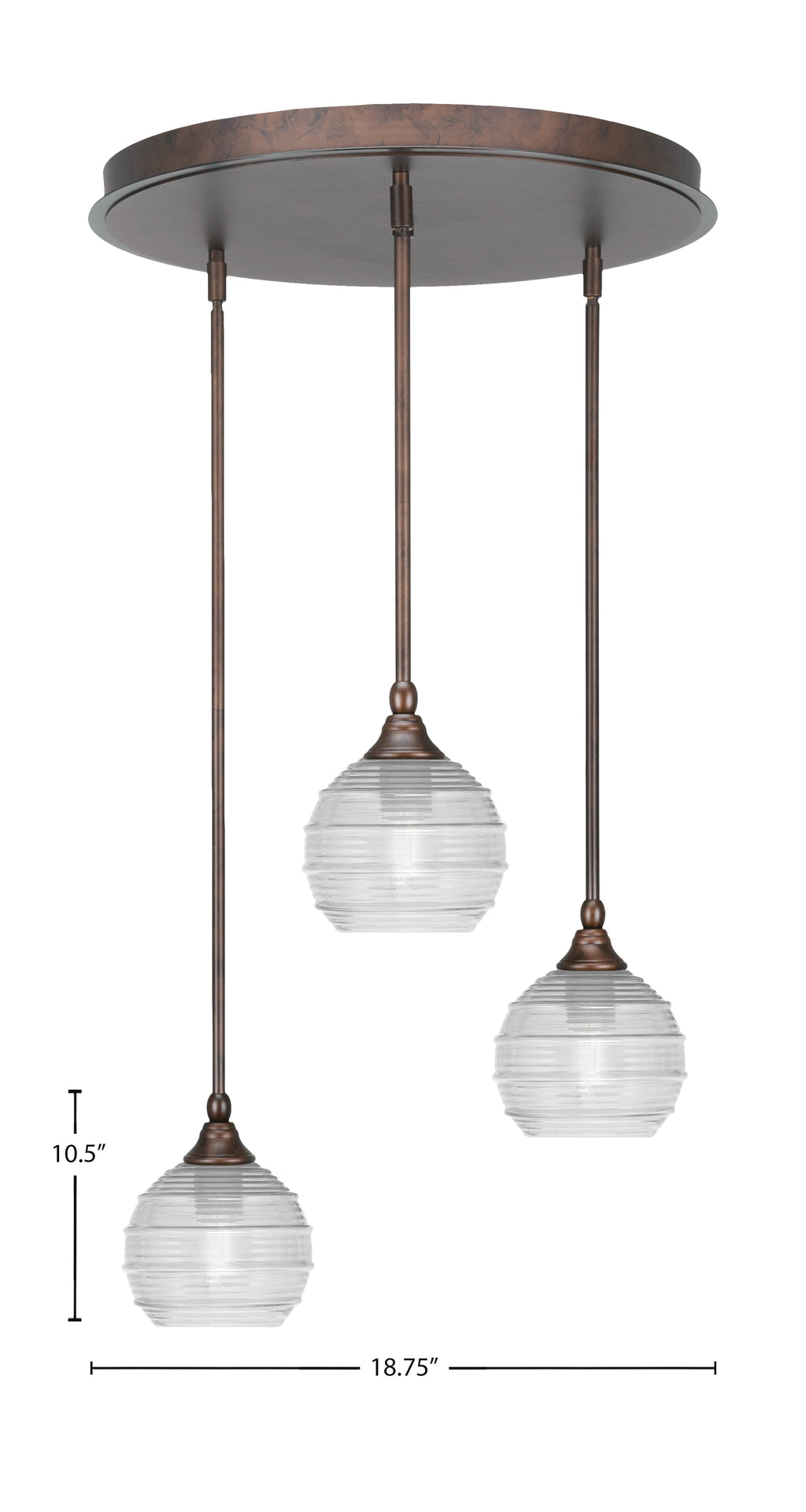 Empire Three Light Pendalier in Bronze with 6" Clear Ribbed Shade