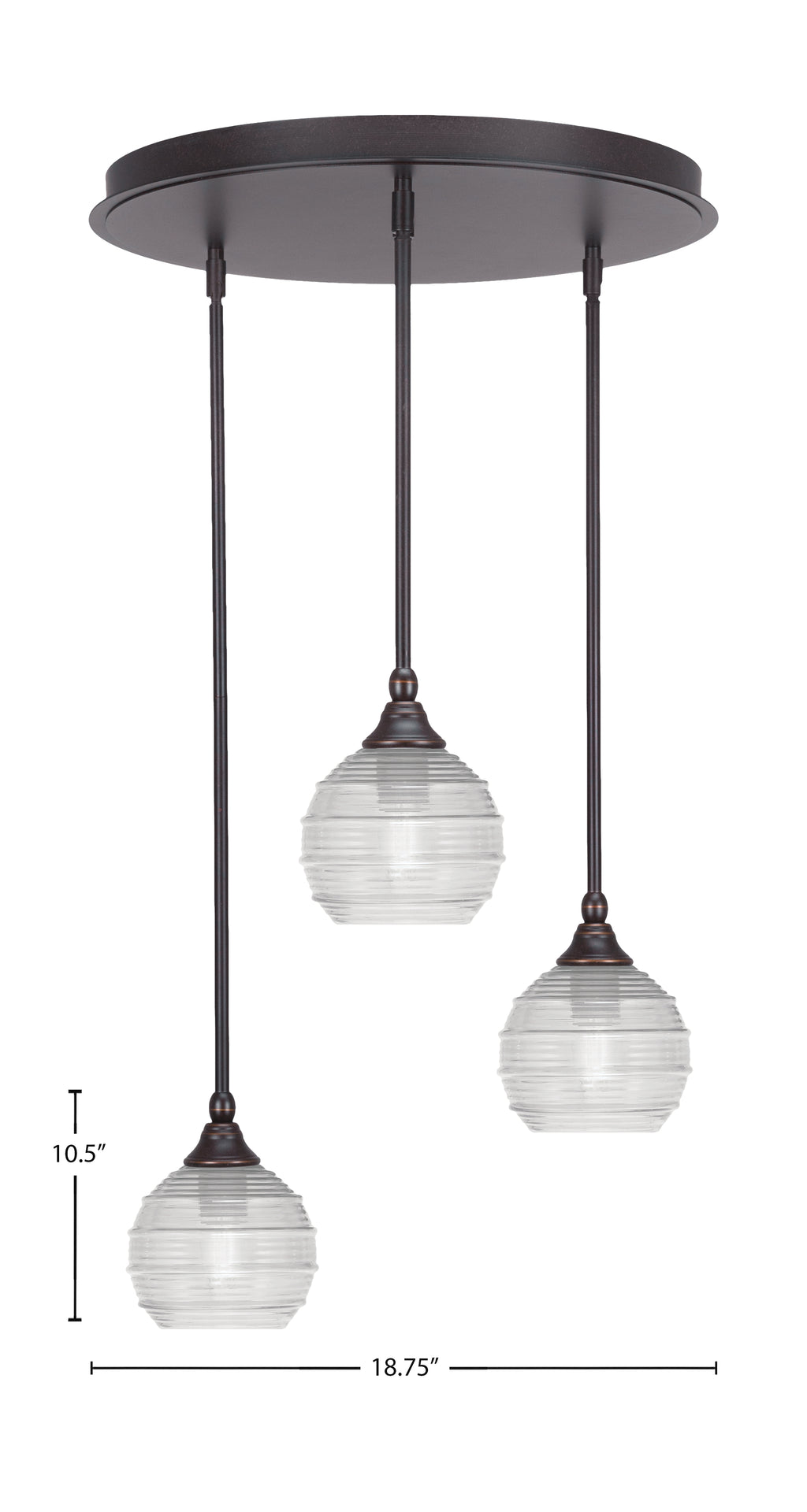 Empire Three Light Pendalier in Dark Granite with 6" Clear Ribbed Shade