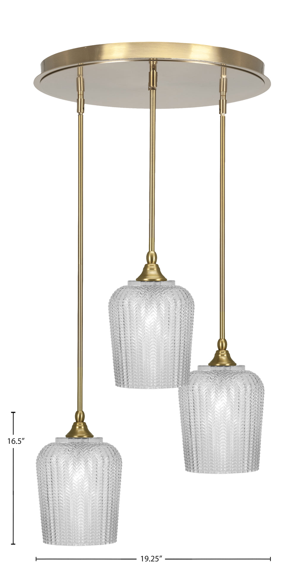 Empire Three Light Pendalier in New Age Brass with 9" Clear Textured Shade