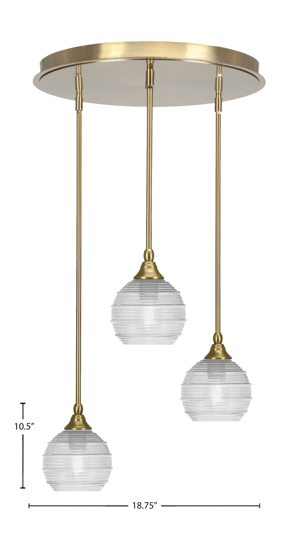 Empire Three Light Pendalier in New Age Brass with 6" Clear Ribbed Shade