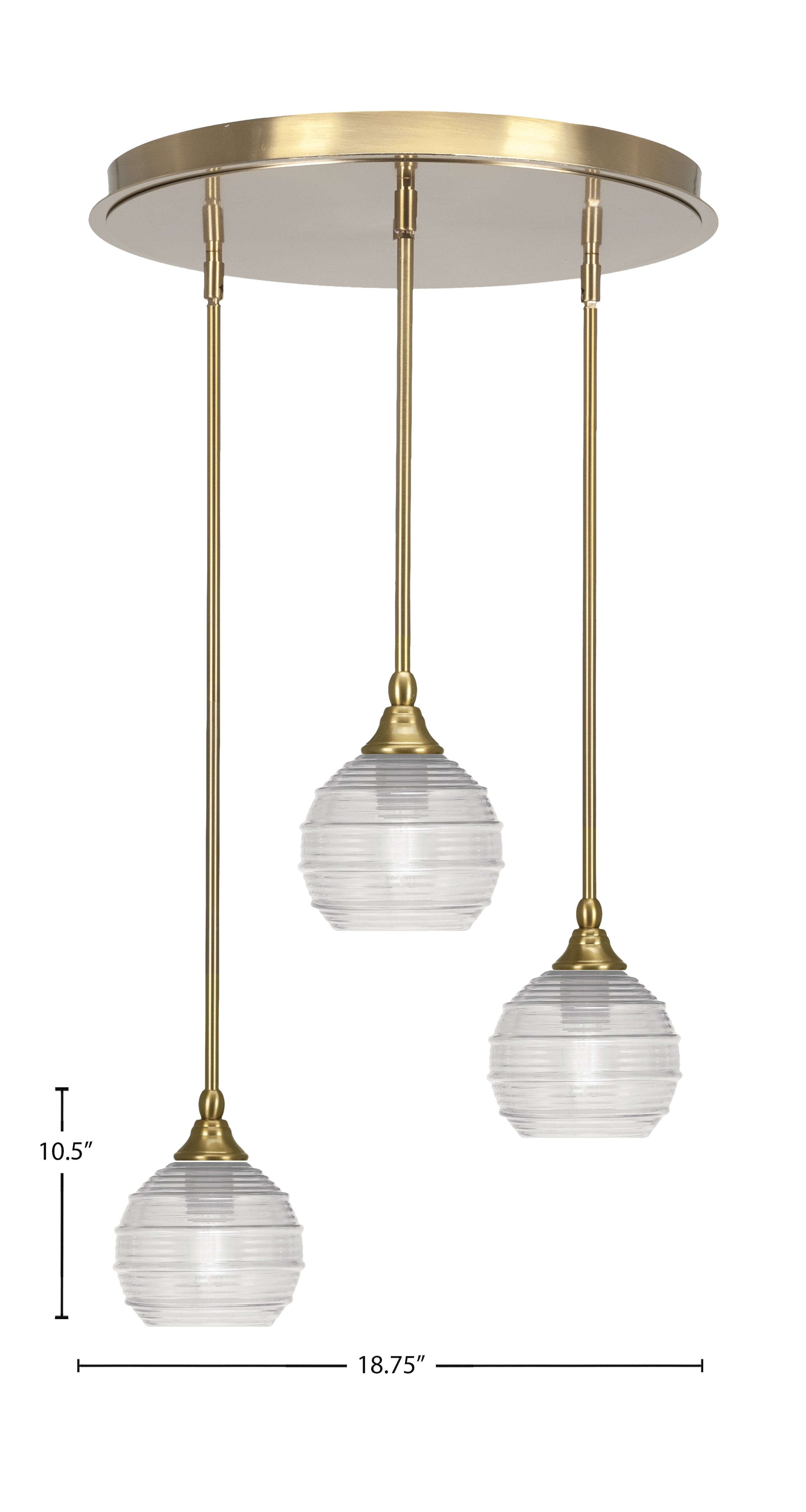 Empire Three Light Pendalier in New Age Brass with 6" Clear Ribbed Shade
