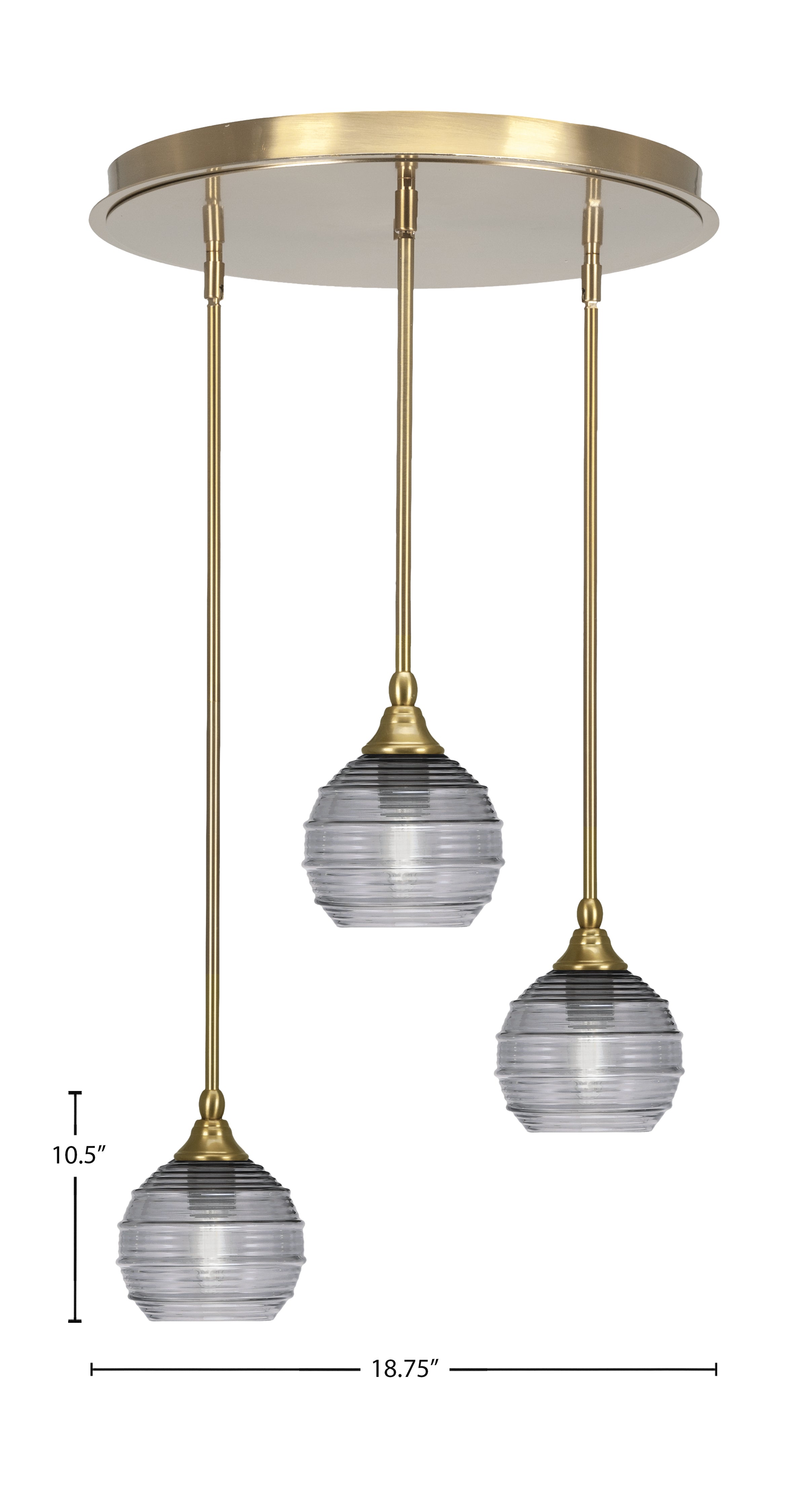 Empire Three Light Pendalier in New Age Brass with 6" Smoke Ribbed Shade