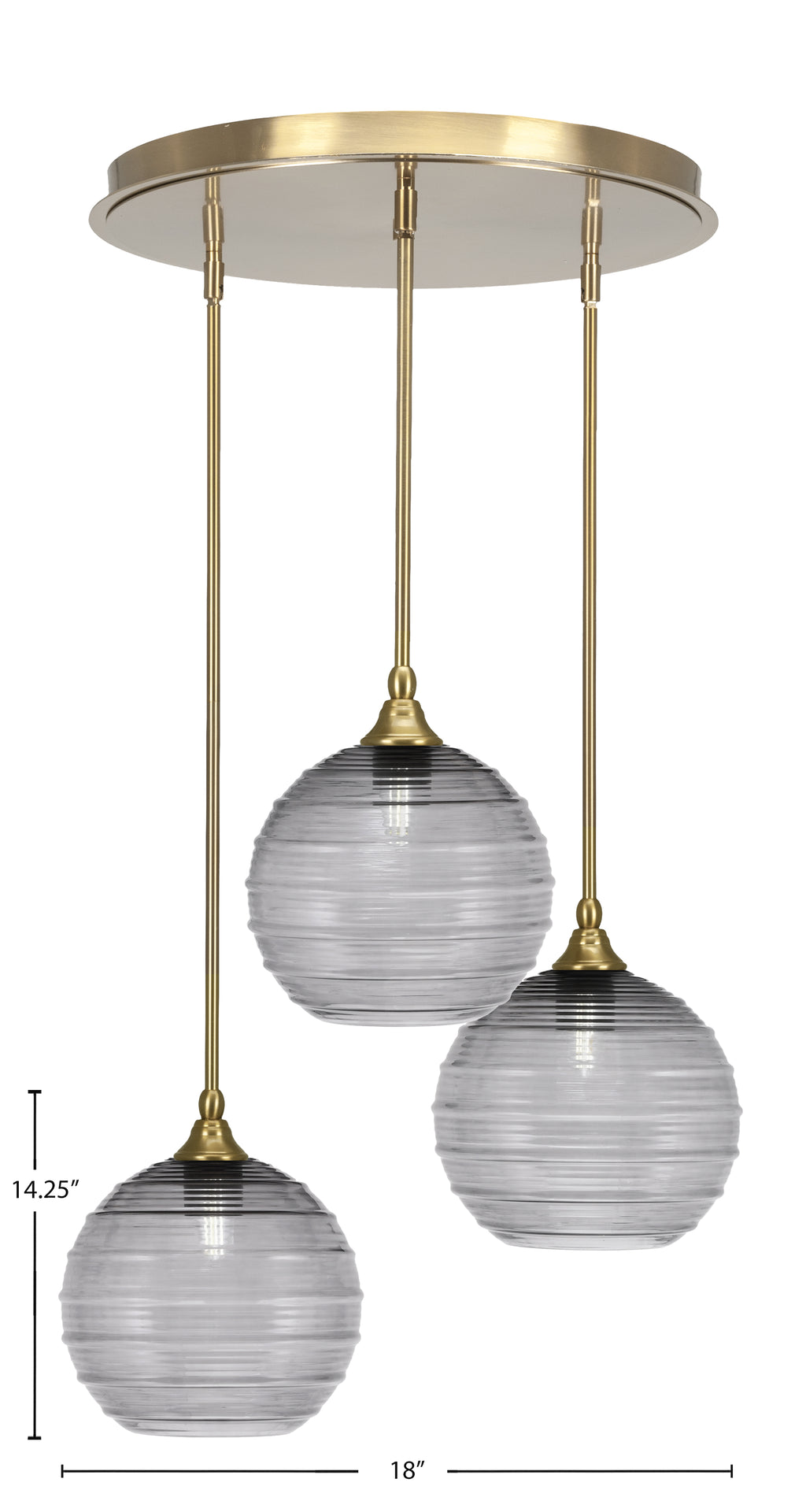 Empire Three Light Pendalier in New Age Brass with 10" Smoke Ribbed Shade