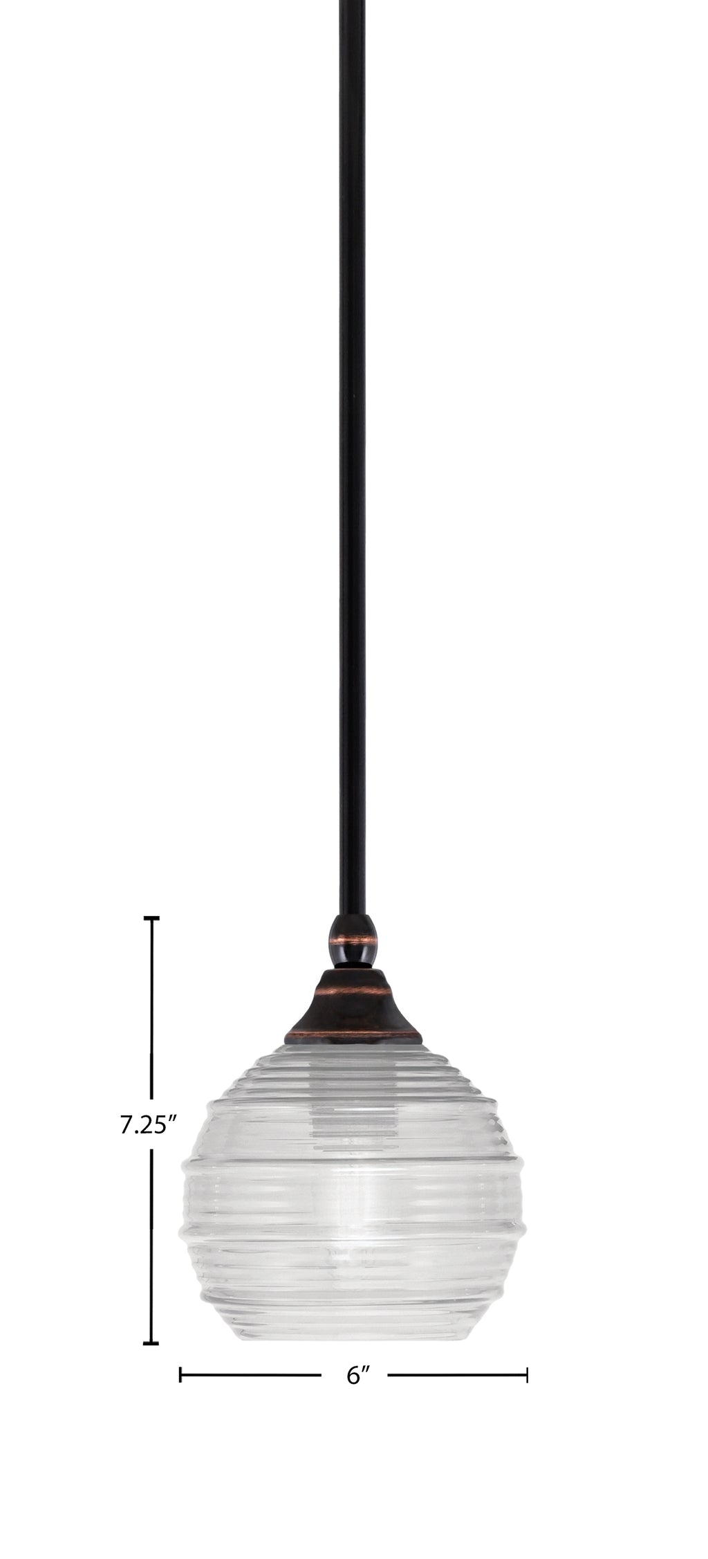 Stem One Light Mini Pendant in Black Copper with 6" Clear Ribbed Shade