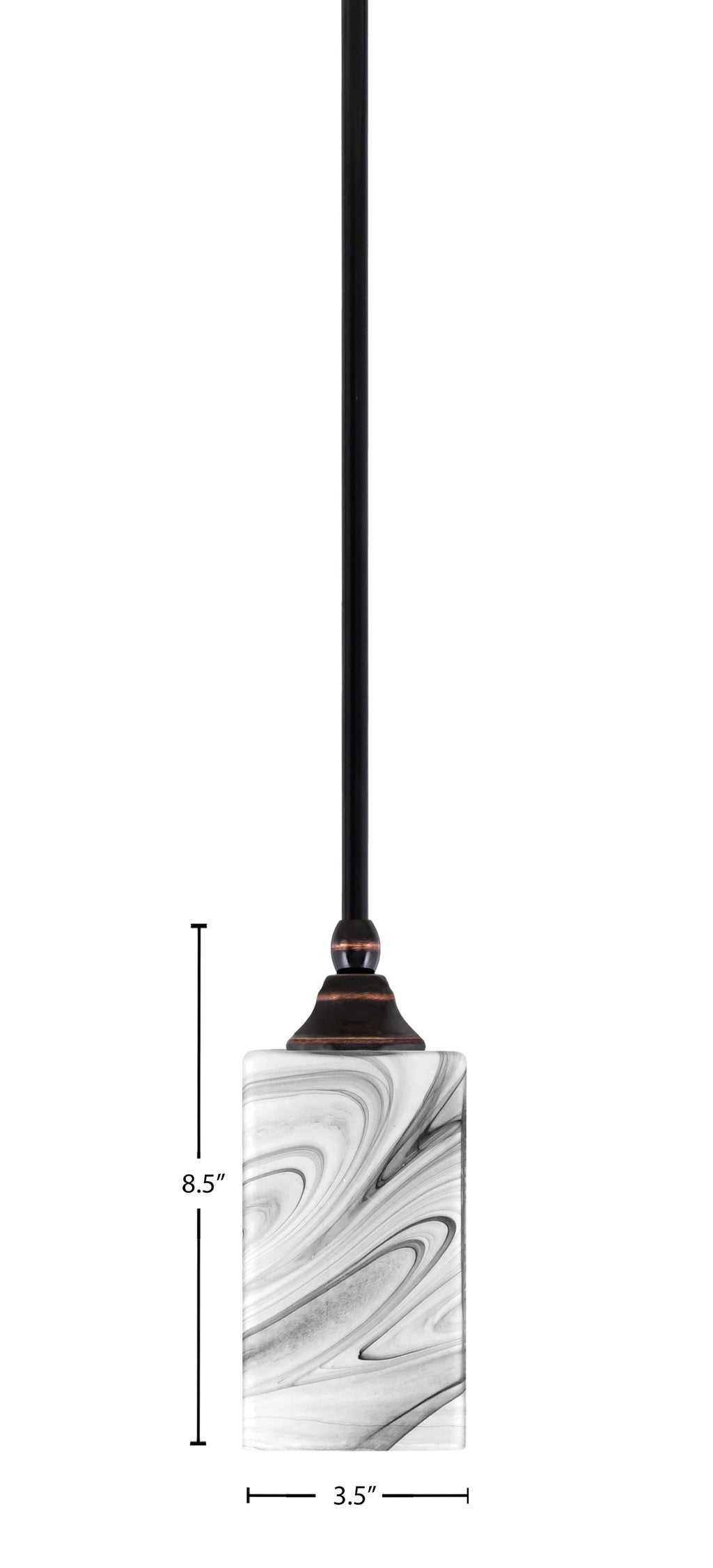Stem One Light Mini Pendant in Black Copper with 3.5" Square Onyx Swirl Shade