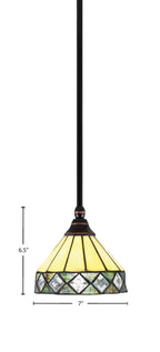Stem One Light Mini Pendant in Black Copper with 7" Diamond Peak Art Glass Shade