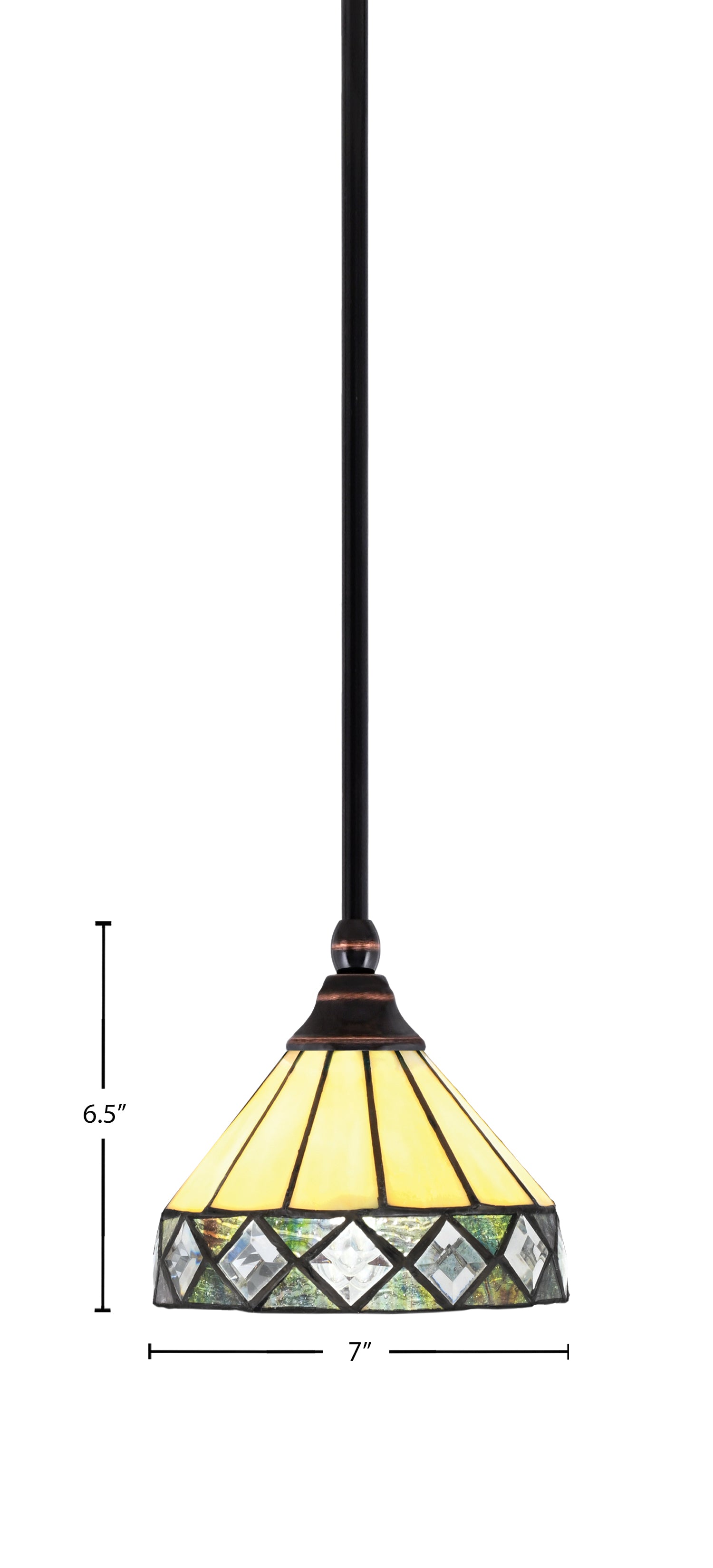 Stem One Light Mini Pendant in Black Copper with 7" Diamond Peak Art Glass Shade