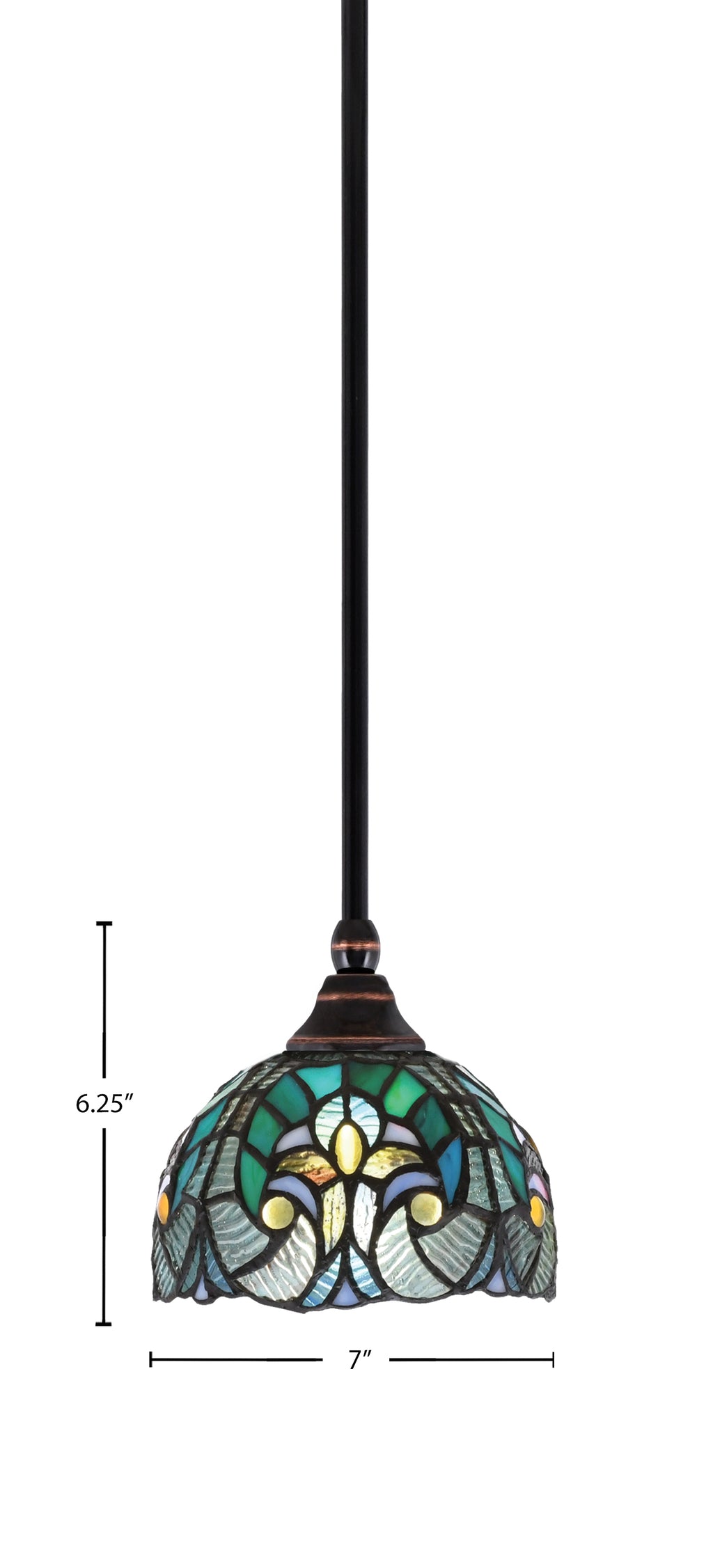 Stem One Light Mini Pendant in Black Copper with 7" Turquoise Cypress Art Glass Shade