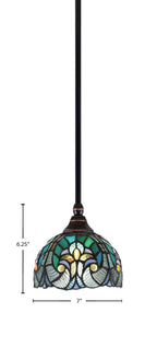 Stem One Light Mini Pendant in Black Copper with 7" Turquoise Cypress Art Glass Shade
