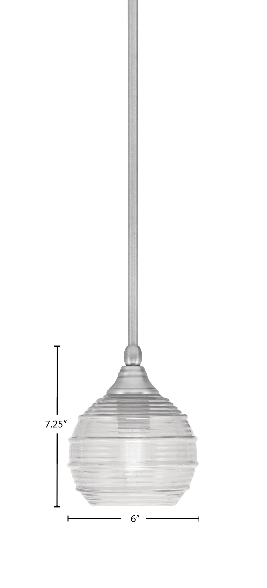 Stem One Light Mini Pendant in Brushed Nickel with 6" Clear Ribbed Shade
