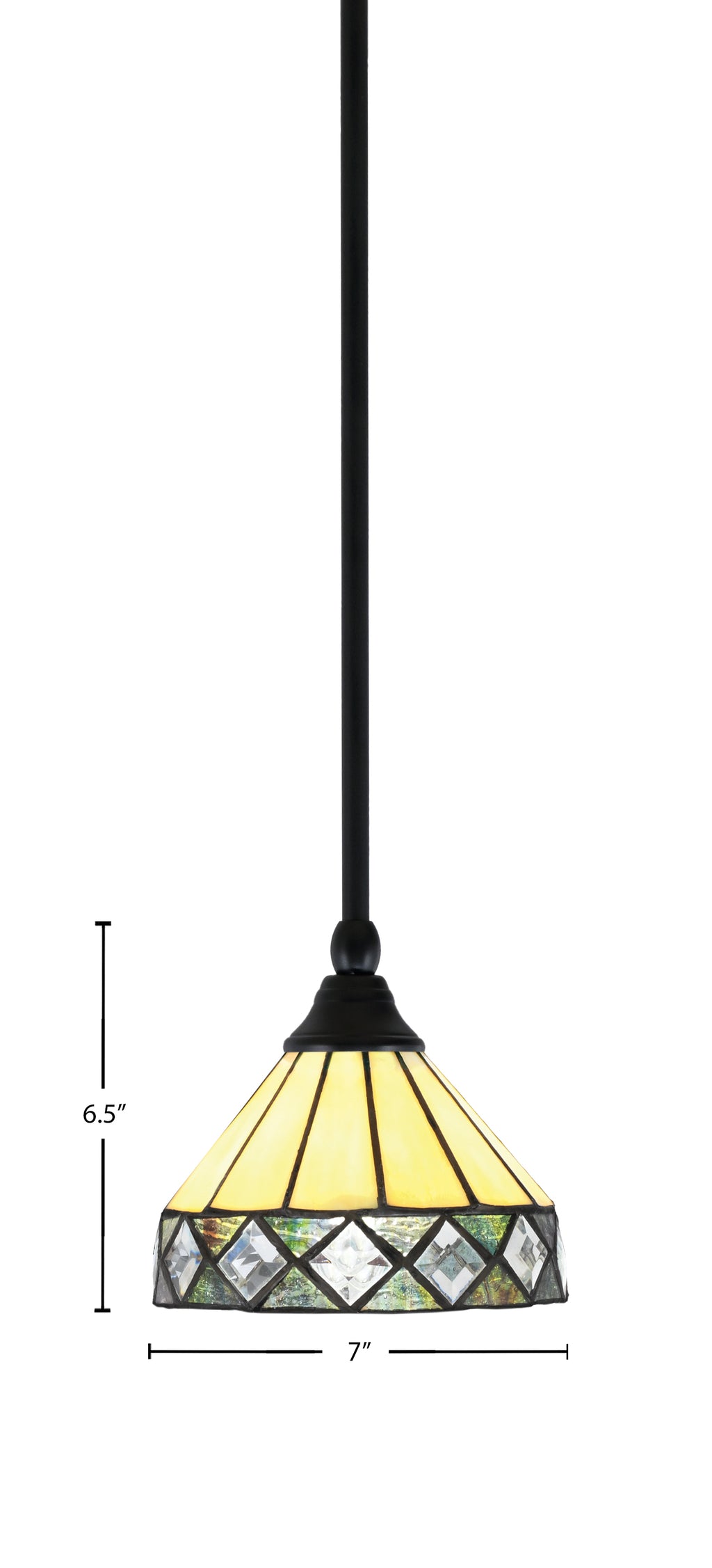 Any One Light Mini Pendant in Matte Black with 7" Diamond Peak Art Glass Shade