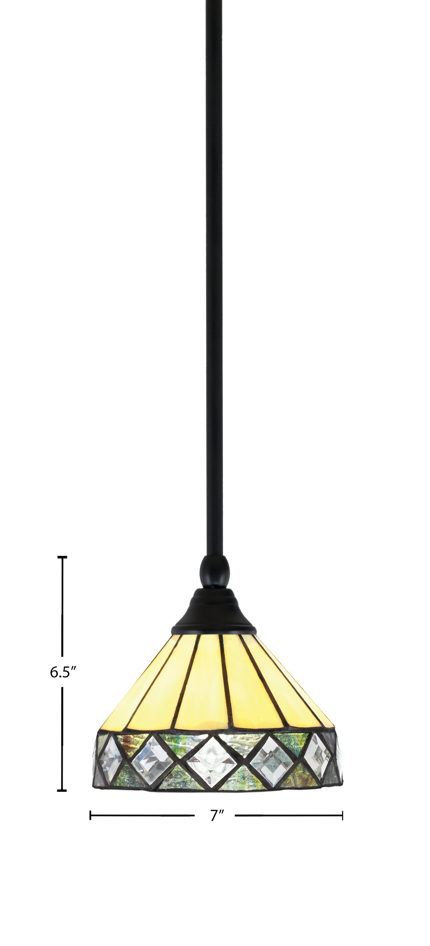 Any One Light Mini Pendant in Matte Black with 7" Diamond Peak Art Glass Shade