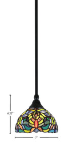 Stem One Light Mini Pendant in Matte Black with 7" Kaleidoscope Art Glass Shade