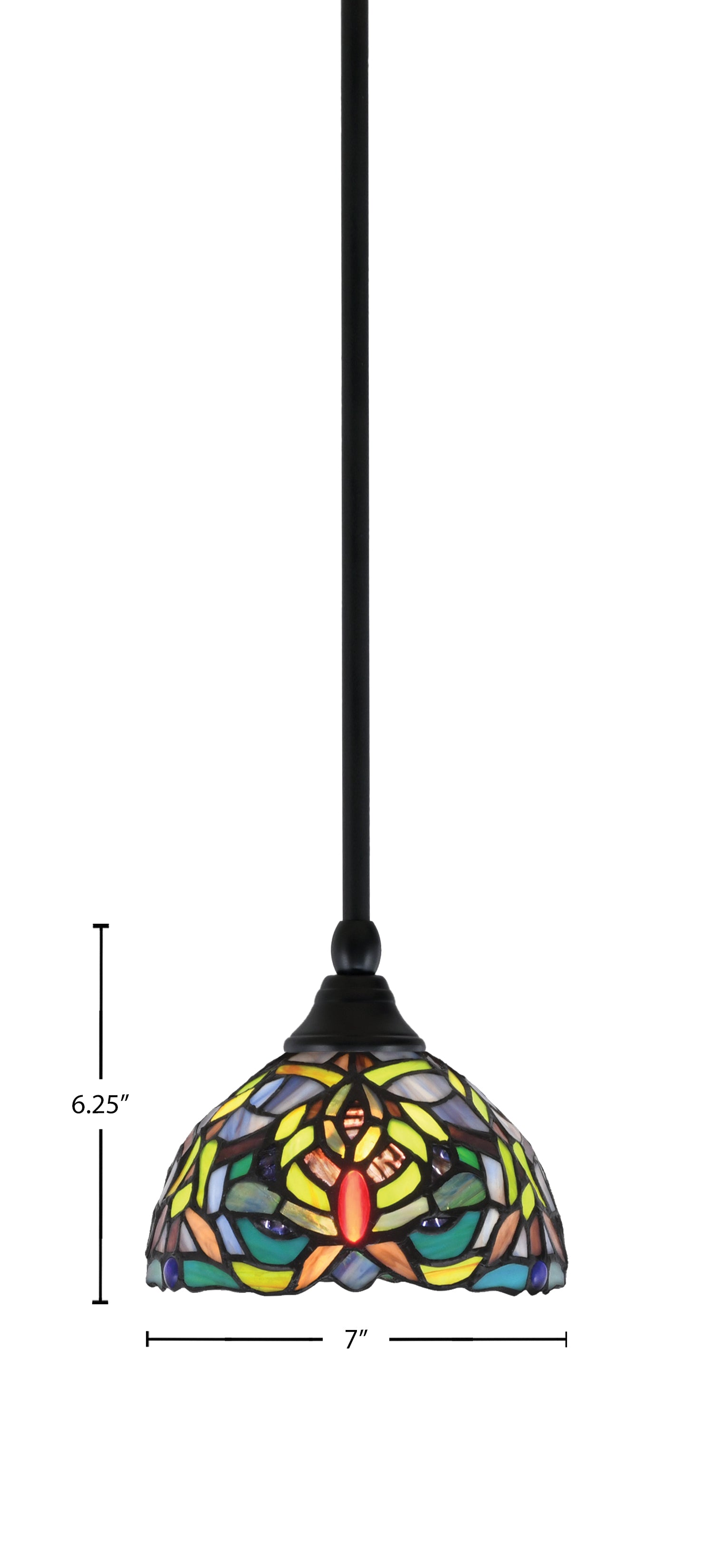 Stem One Light Mini Pendant in Matte Black with 7" Kaleidoscope Art Glass Shade