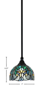 Stem One Light Mini Pendant in Matte Black with 7" Turquoise Cypress Art Glass Shade