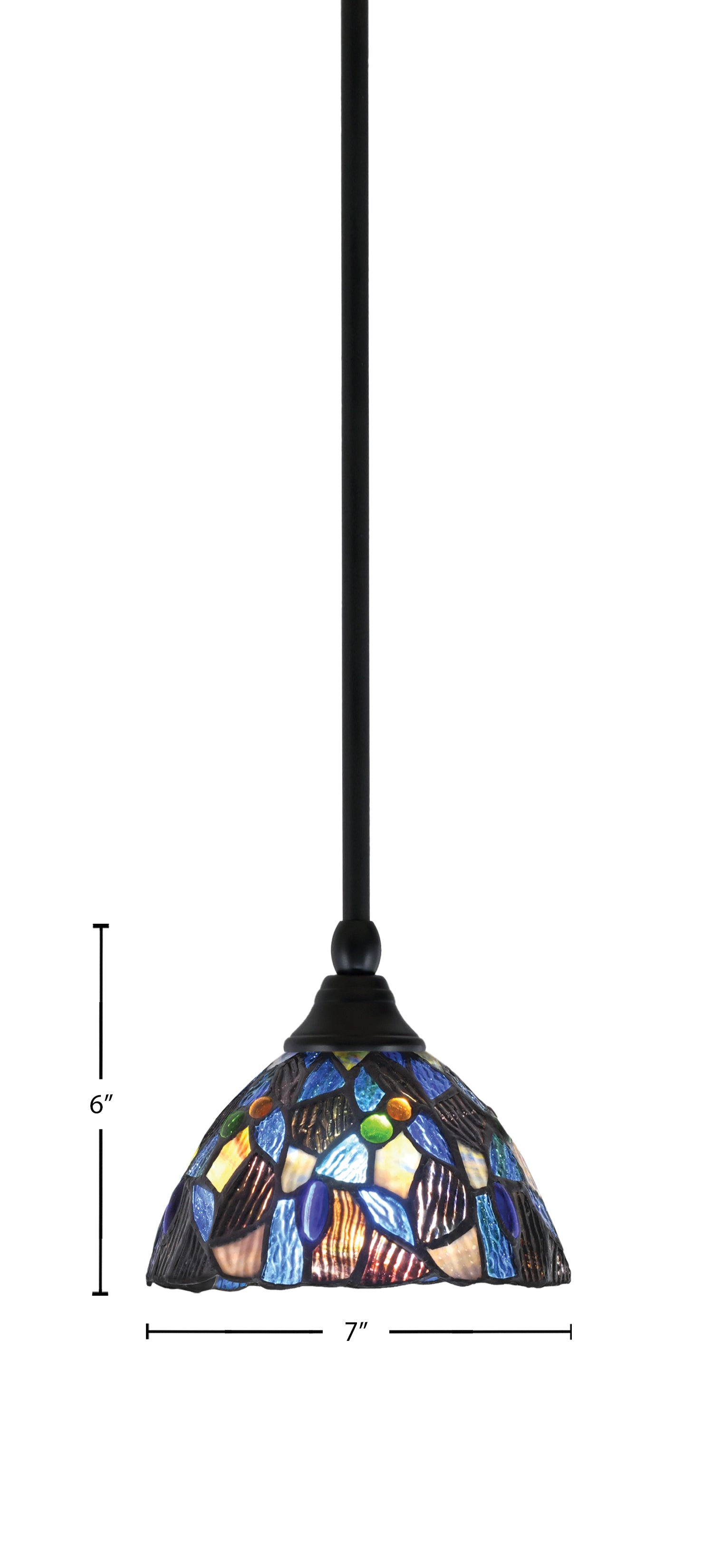 Stem One Light Mini Pendant in Matte Black with 7" Blue Mosaic Art Glass Shade
