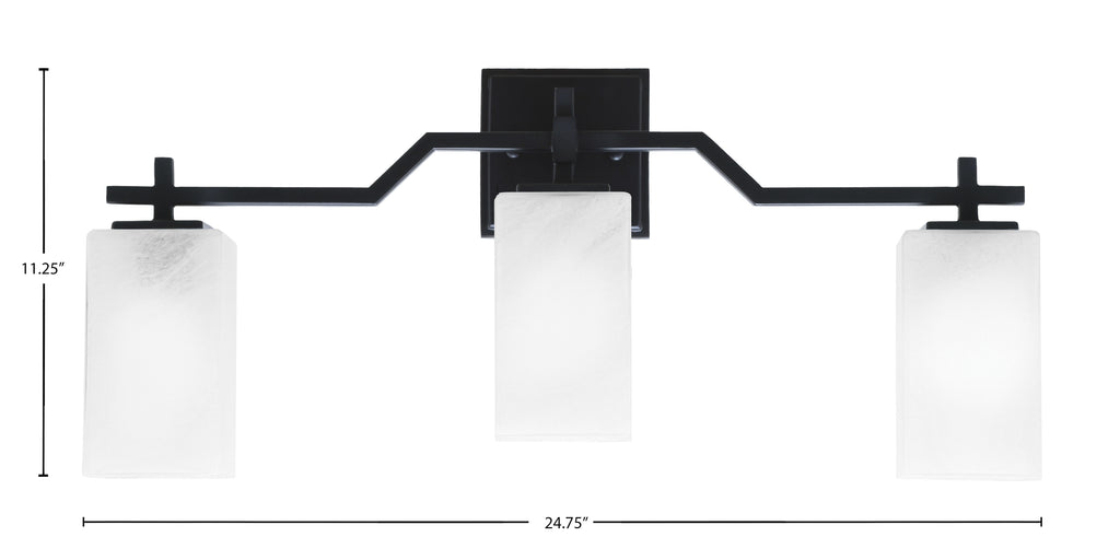 Corbin Three Light Bath Bar in Matte Black with Square White Marble Shade