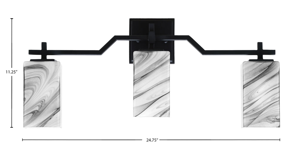 Corbin Three Light Bath Bar in Matte Black with Square Onyx Swirl Shade