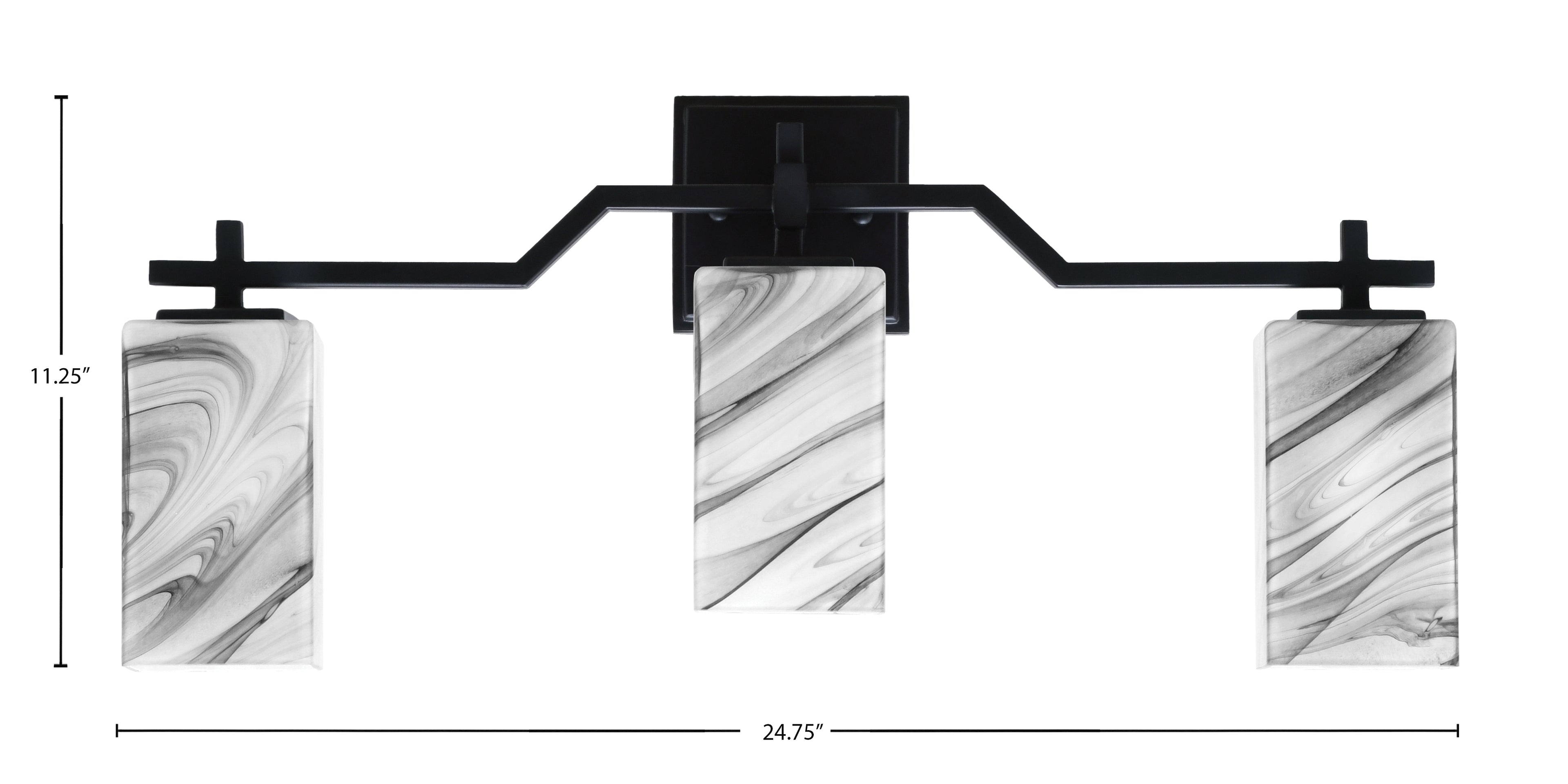 Corbin Three Light Bath Bar in Matte Black with Square Onyx Swirl Shade