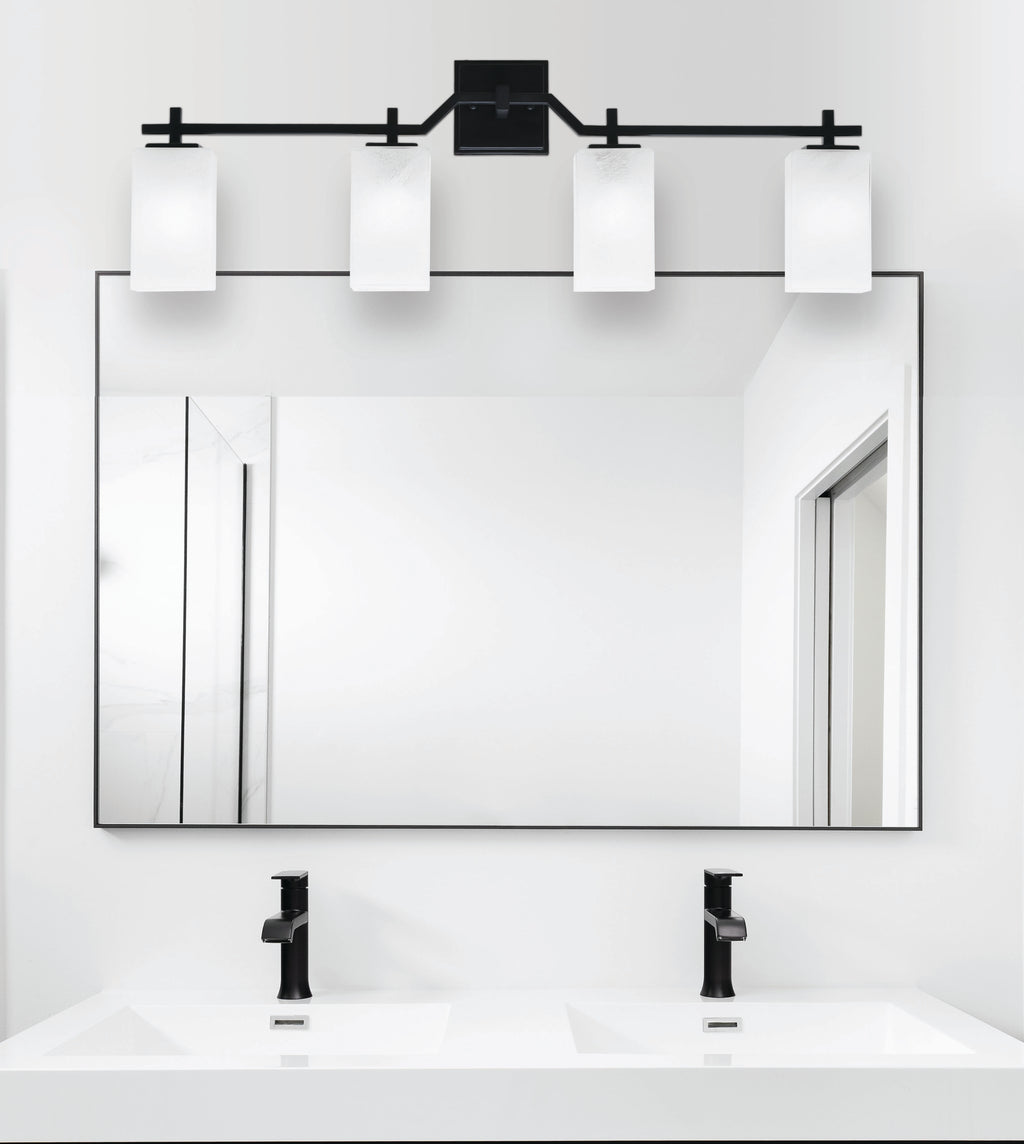 Corbin Four Light Bath Bar in Matte Black with Square White Marble Shade