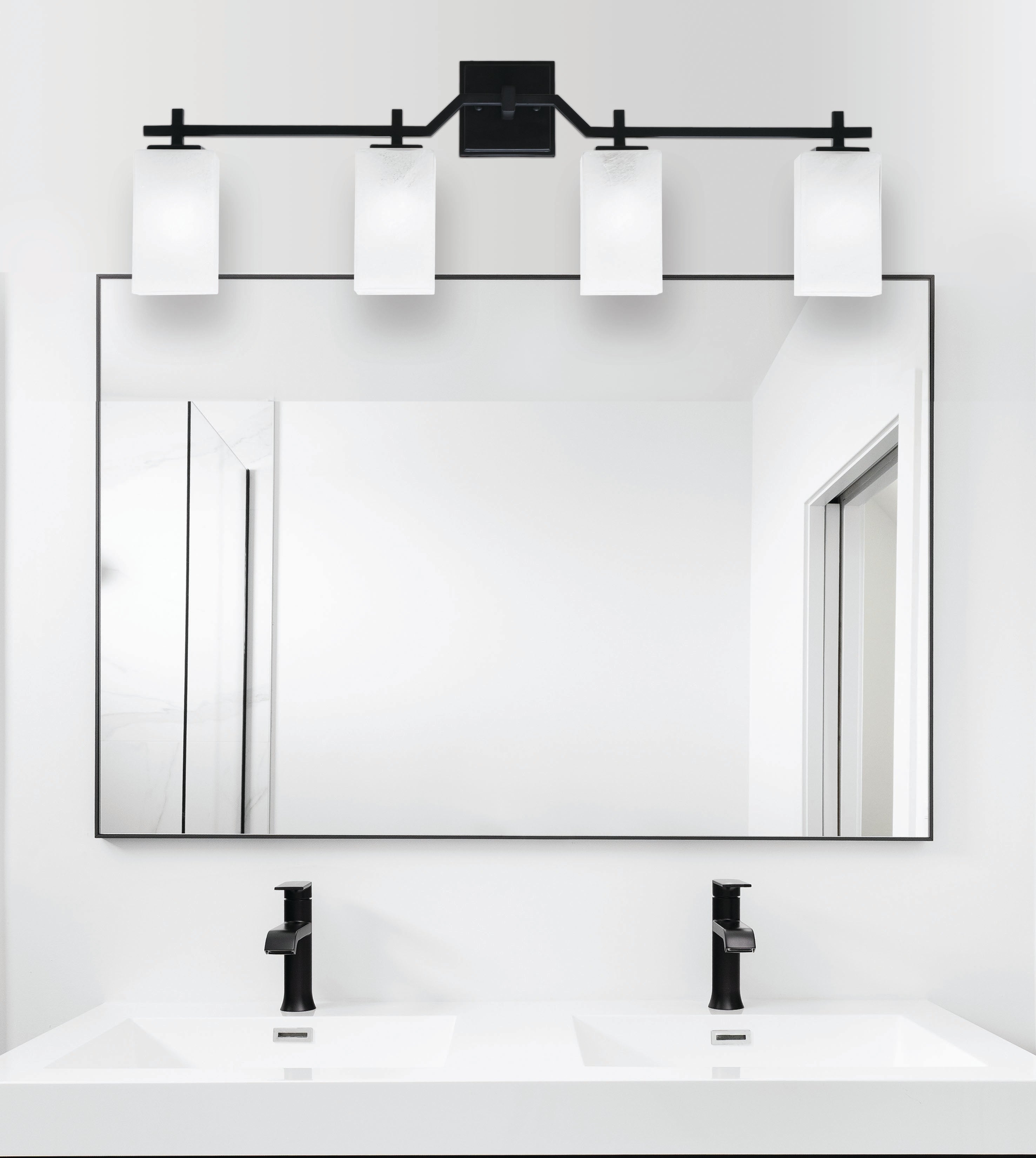 Corbin Four Light Bath Bar in Matte Black with Square White Marble Shade
