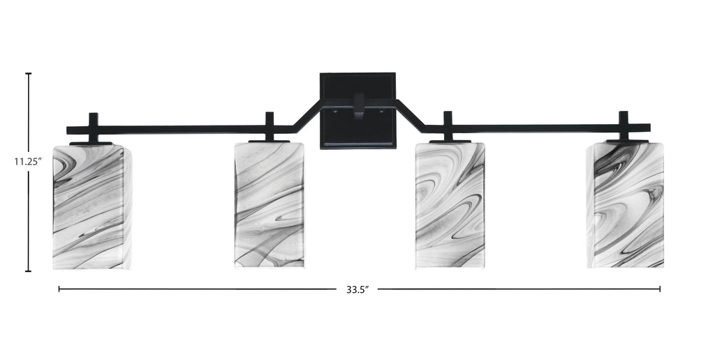 Corbin Four Light Bath Bar in Matte Black with Square Onyx Swirl Shade