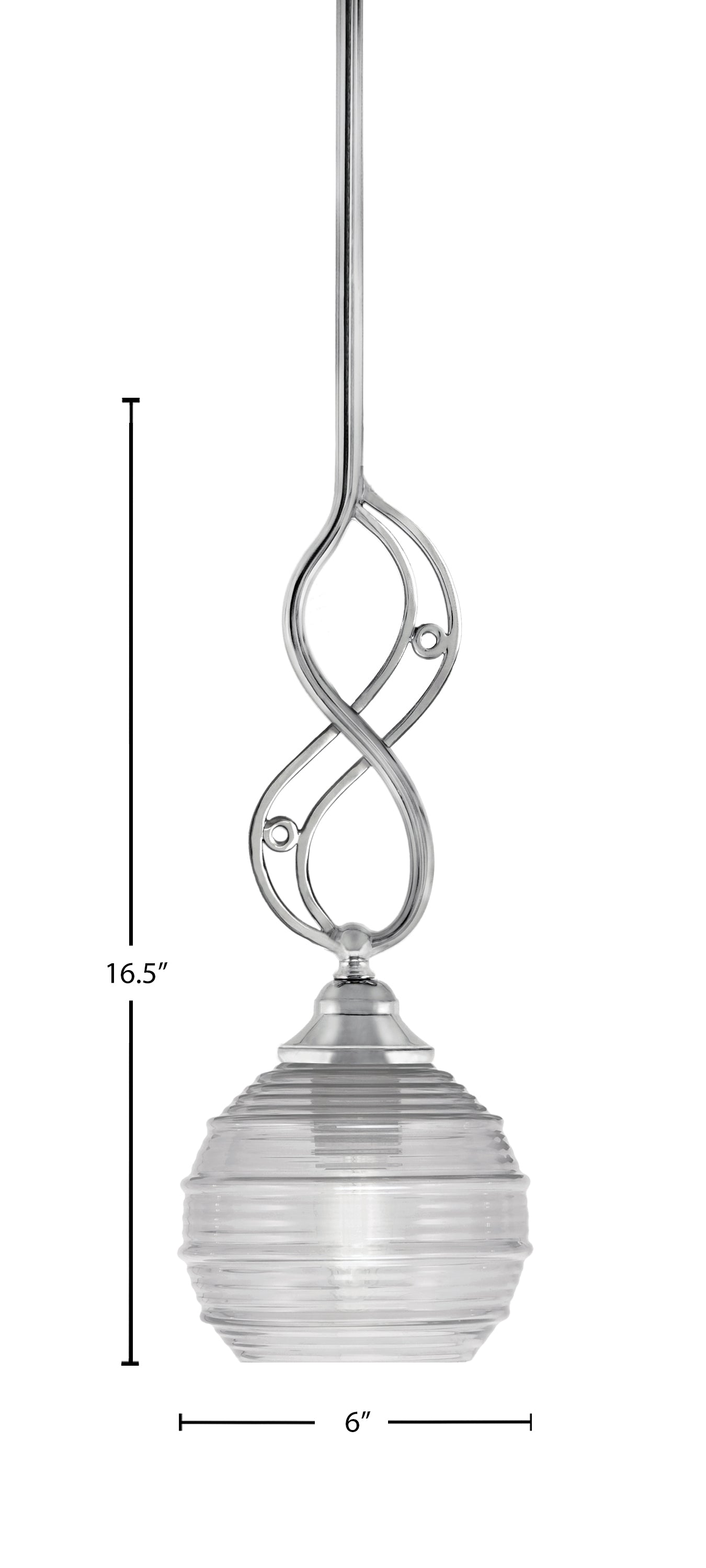 Jazz One Light Mini Pendant in Chrome with 6" Clear Ribbed Shade