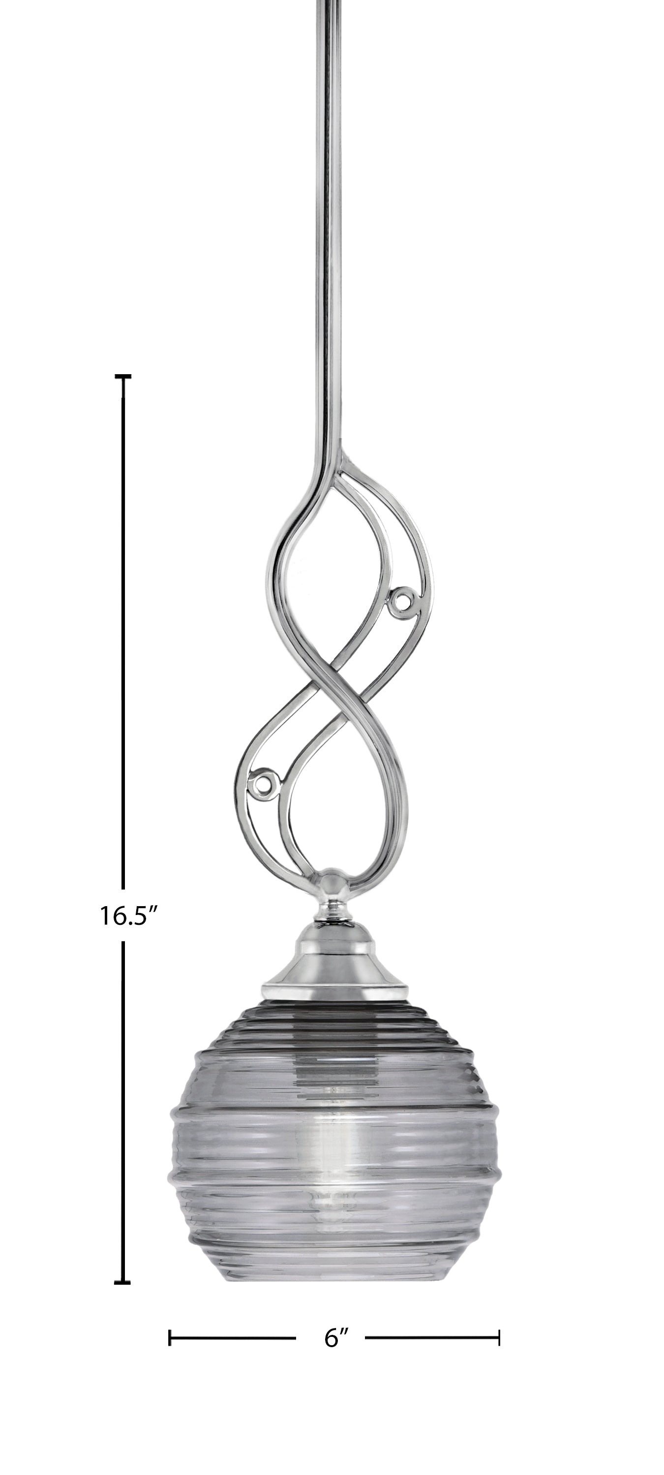 Jazz One Light Mini Pendant in Chrome with 6" Smoke Ribbed Shade
