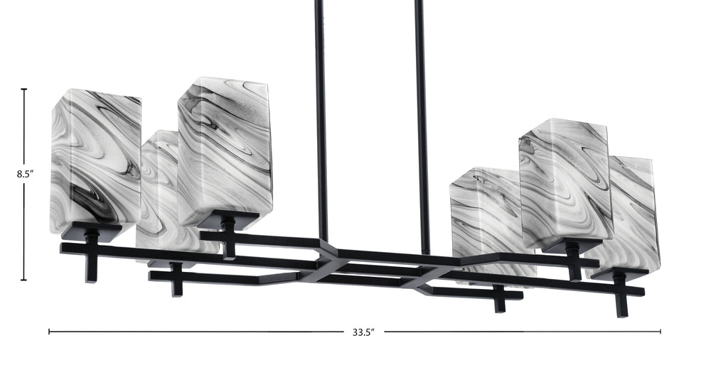 Corbin Six Light Island Pendant in Matte Black with Square Onyx Swirl Shade