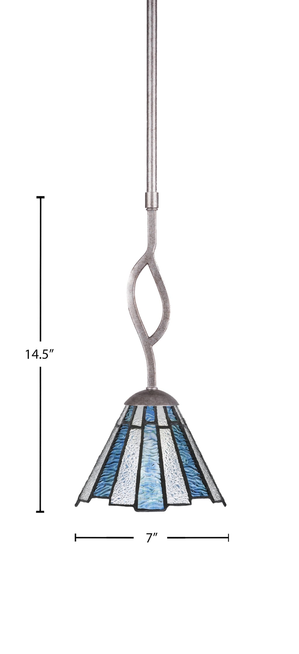 Revo One Light Mini Pendant in Aged Silver with 7" Sea Ice Art Glass Shade
