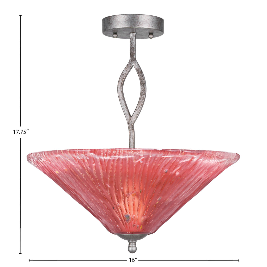 Revo Three Light Semi-Flush Mount in Aged Silver with 16" Raspberry Crystal Shade