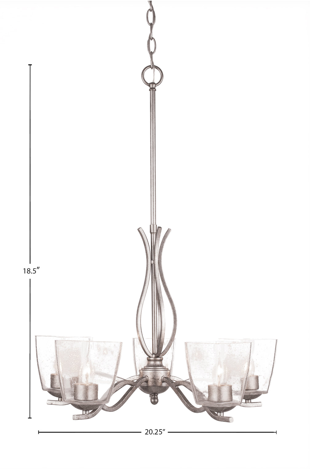 Revo Five Light Chandelier in Aged Silver with 4.5" Square Clear Bubble Shade