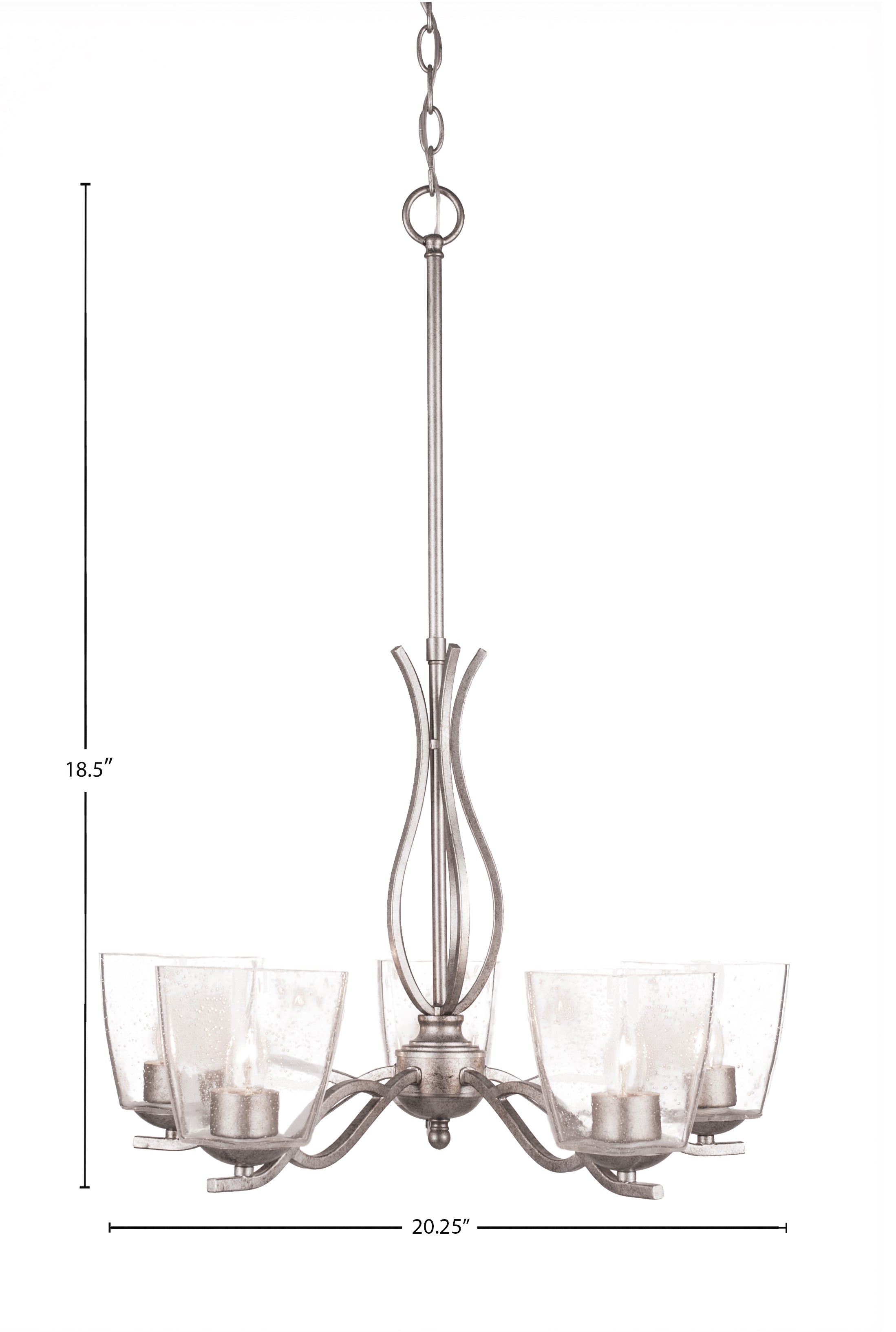 Revo Five Light Chandelier in Aged Silver with 4.5" Square Clear Bubble Shade