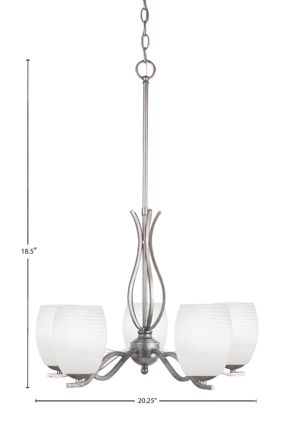 Revo Five Light Chandelier in Aged Silver with 5" White Linen Shade