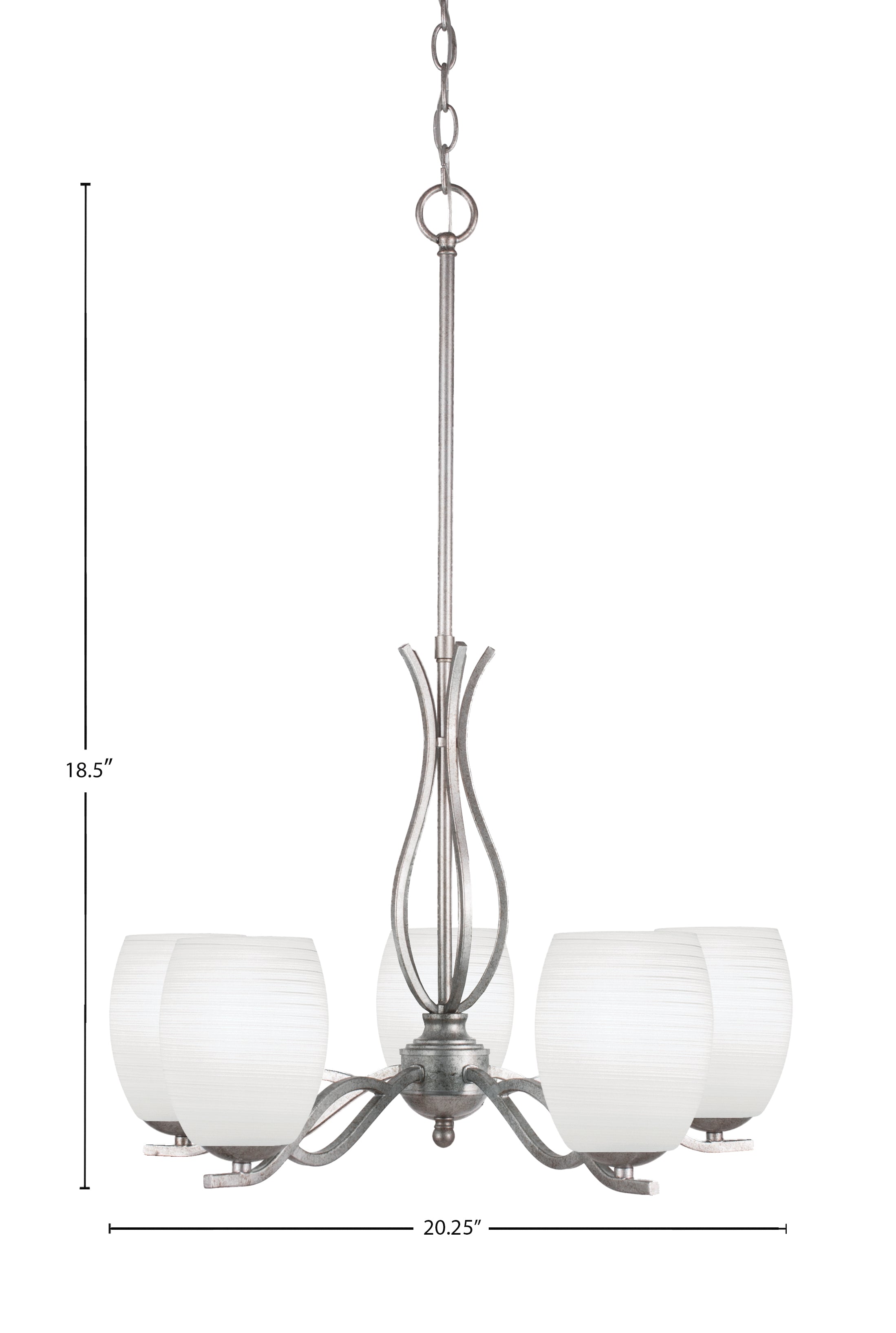 Revo Five Light Chandelier in Aged Silver with 5" White Linen Shade