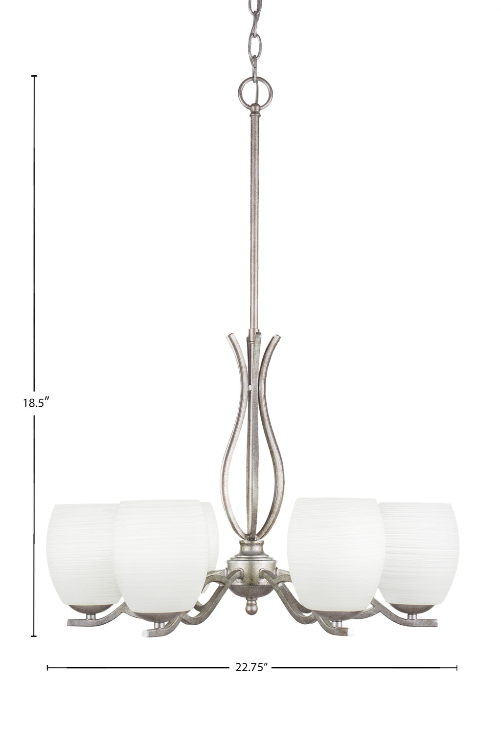 Revo Six Light Chandelier in Aged Silver with 5" White Linen Shade