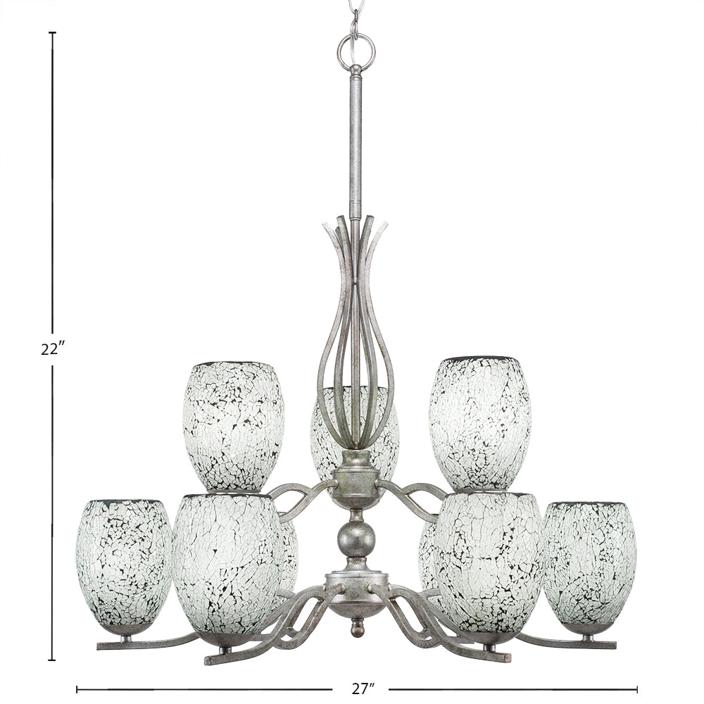 Revo Nine Light Chandelier in Aged Silver with 5" Black Fusion Shade
