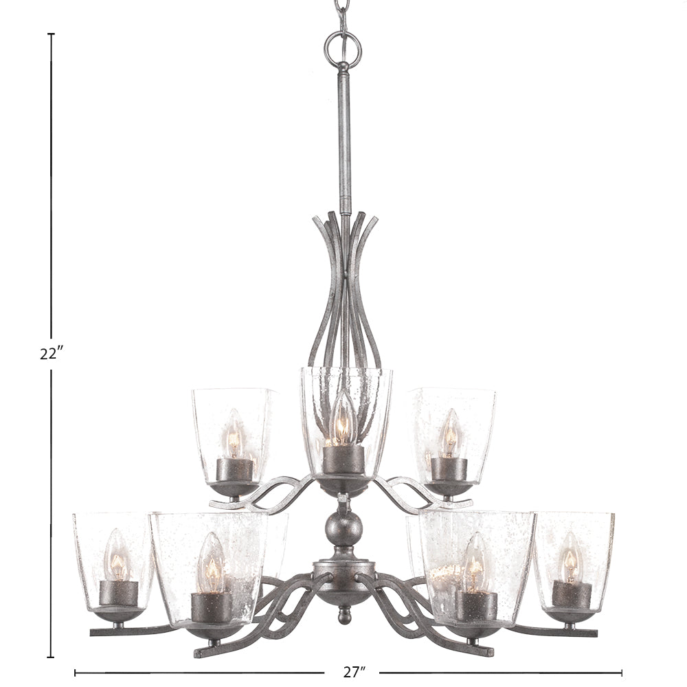 Revo Nine Light Chandelier in Aged Silver with 4.5" Square Clear Bubble Shade