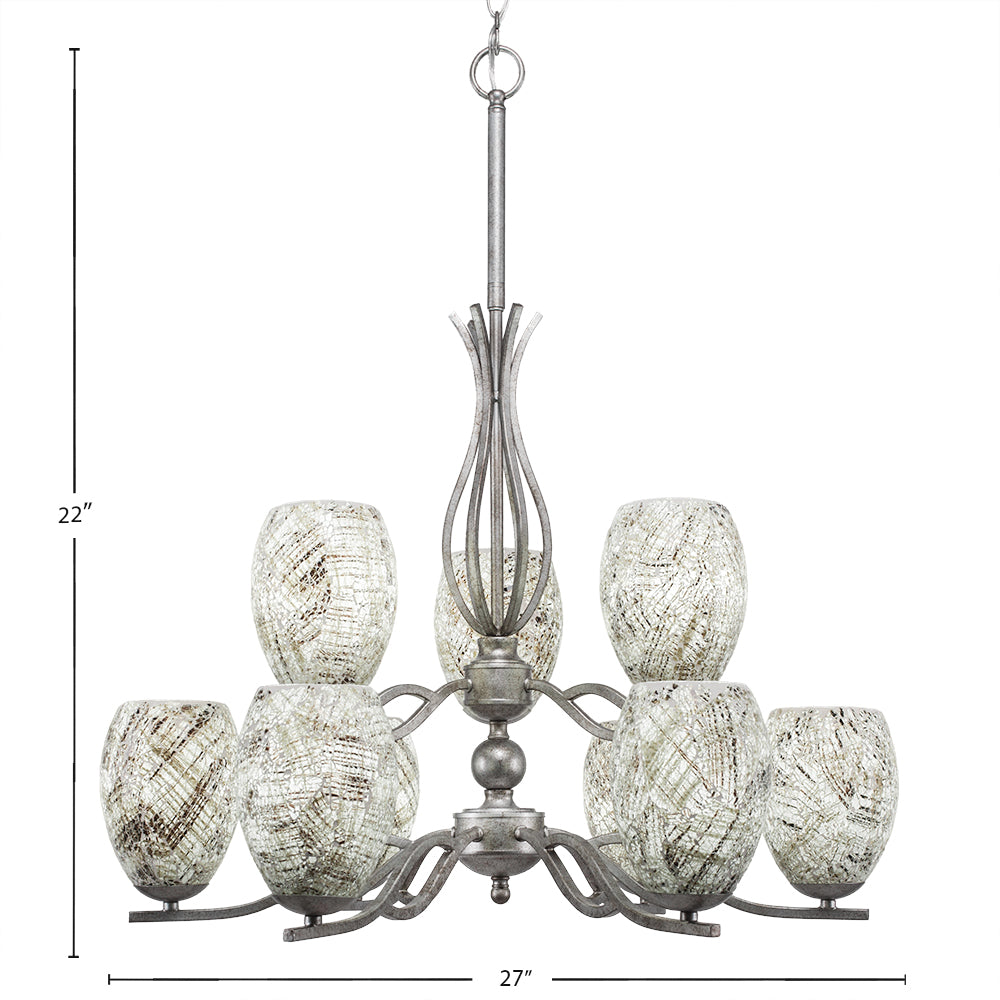 Revo Nine Light Chandelier in Aged Silver with 5" Natural Fusion Shade