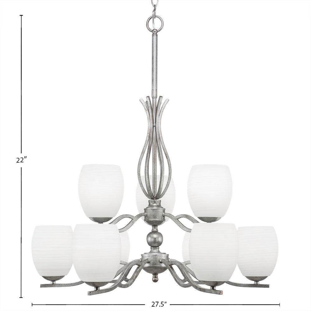 Revo Nine Light Chandelier in Aged Silver with 5" White Linen Shade