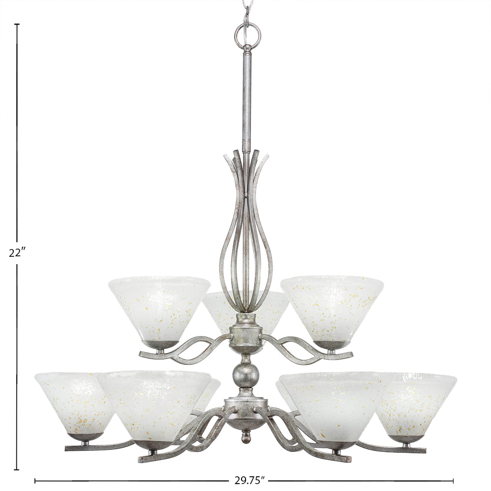 Revo Nine Light Chandelier in Aged Silver with 7" Gold Ice Shade