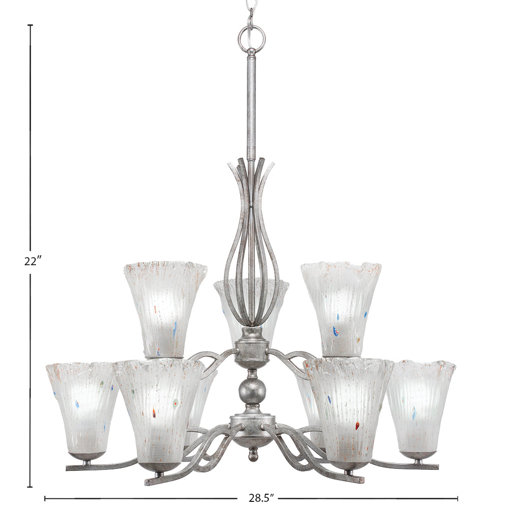 Revo Nine Light Chandelier in Aged Silver with 5.5" Fluted Frosted Crystal Shade